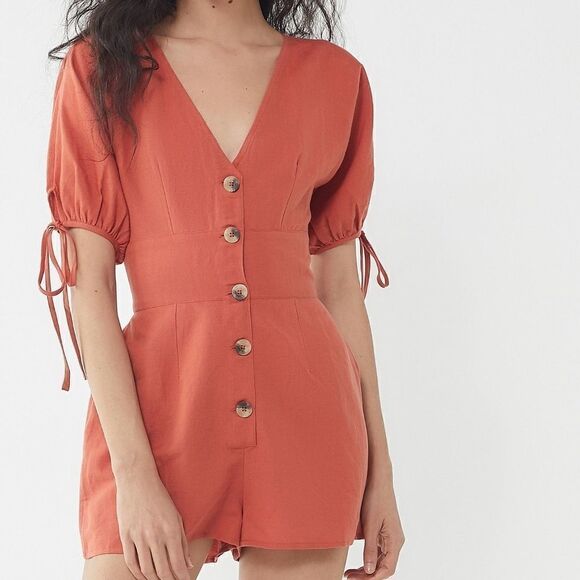 Urban Outfitters Lily Linen Button-Front Romper - Picture 1 of 3